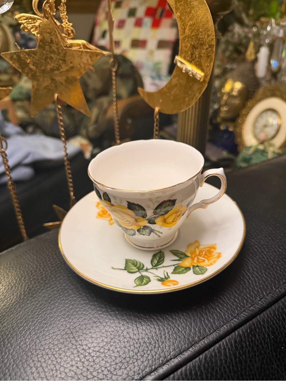 Vintage Royal Vale Bone China Teacup & Saucer Yellow Rose Gold Trim